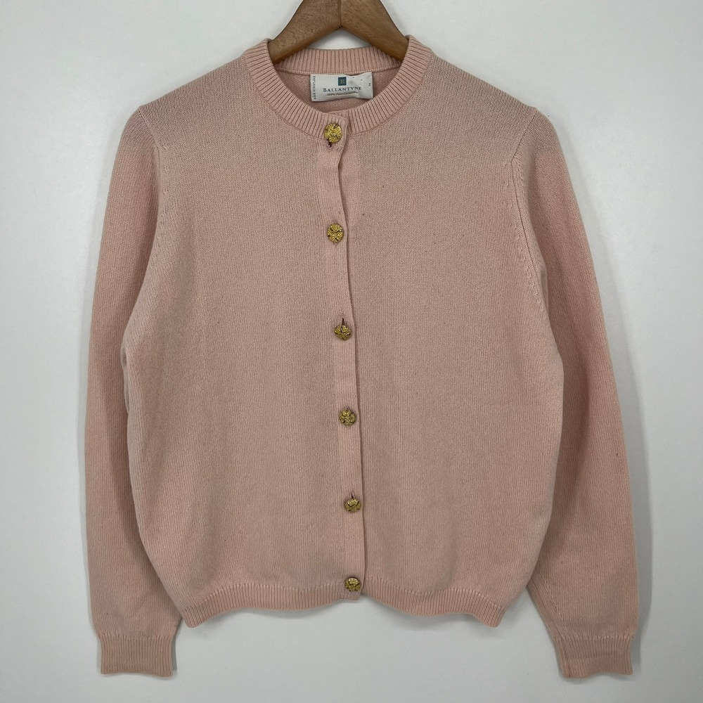 Ballantyne Vintage Pink 100% Pure Cashmere Cardigan Gold Buttons Scotland 44